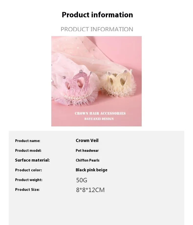 Cat wearing princess crown headdress with lace veil in beige or pink