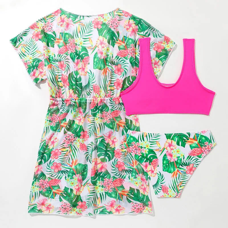 Girls' floral printed two-piece swimsuit with swim top and bikini bottom in high-elasticity polyester