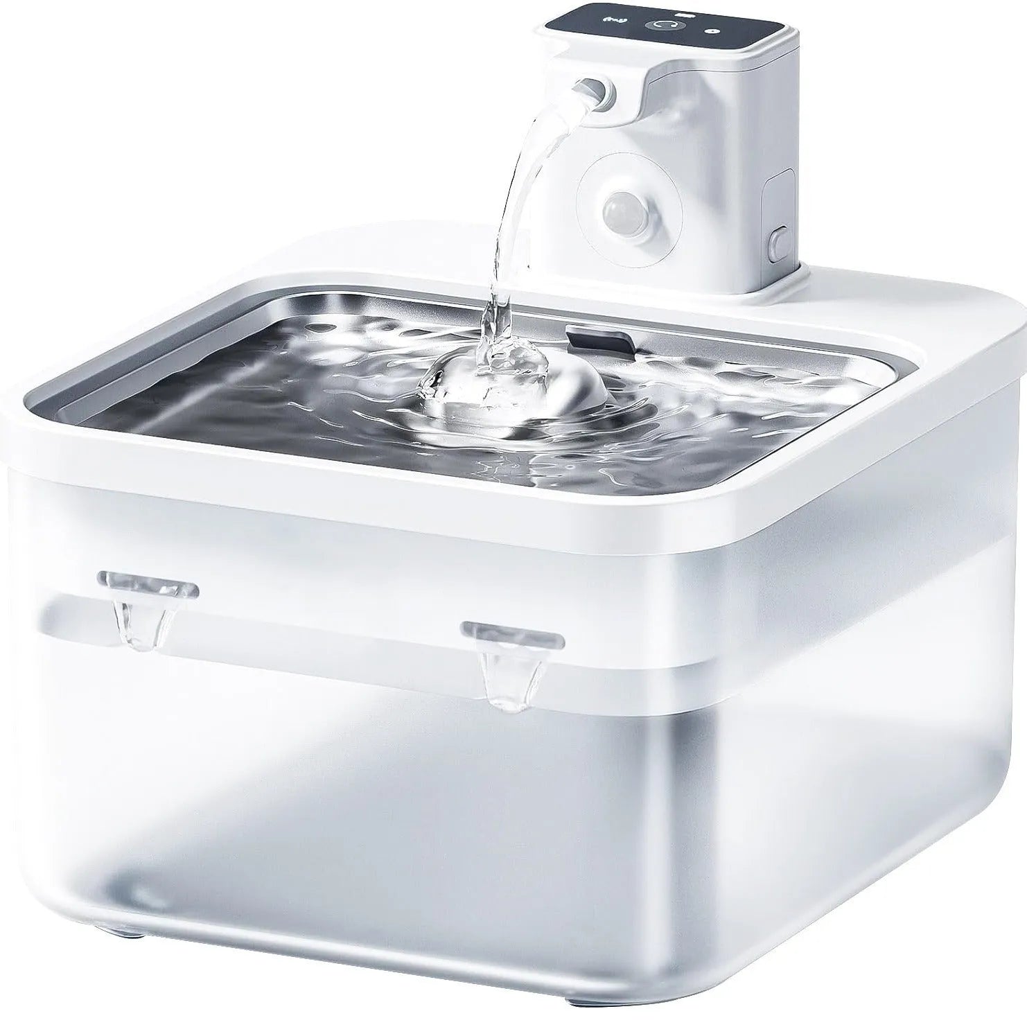 Intelligent self-circulating rechargeable wireless pet water dispenser in white with stainless steel tray