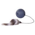 Blue and orange interactive cat toy ball with plush mouse attachment measuring 8.5cm cube