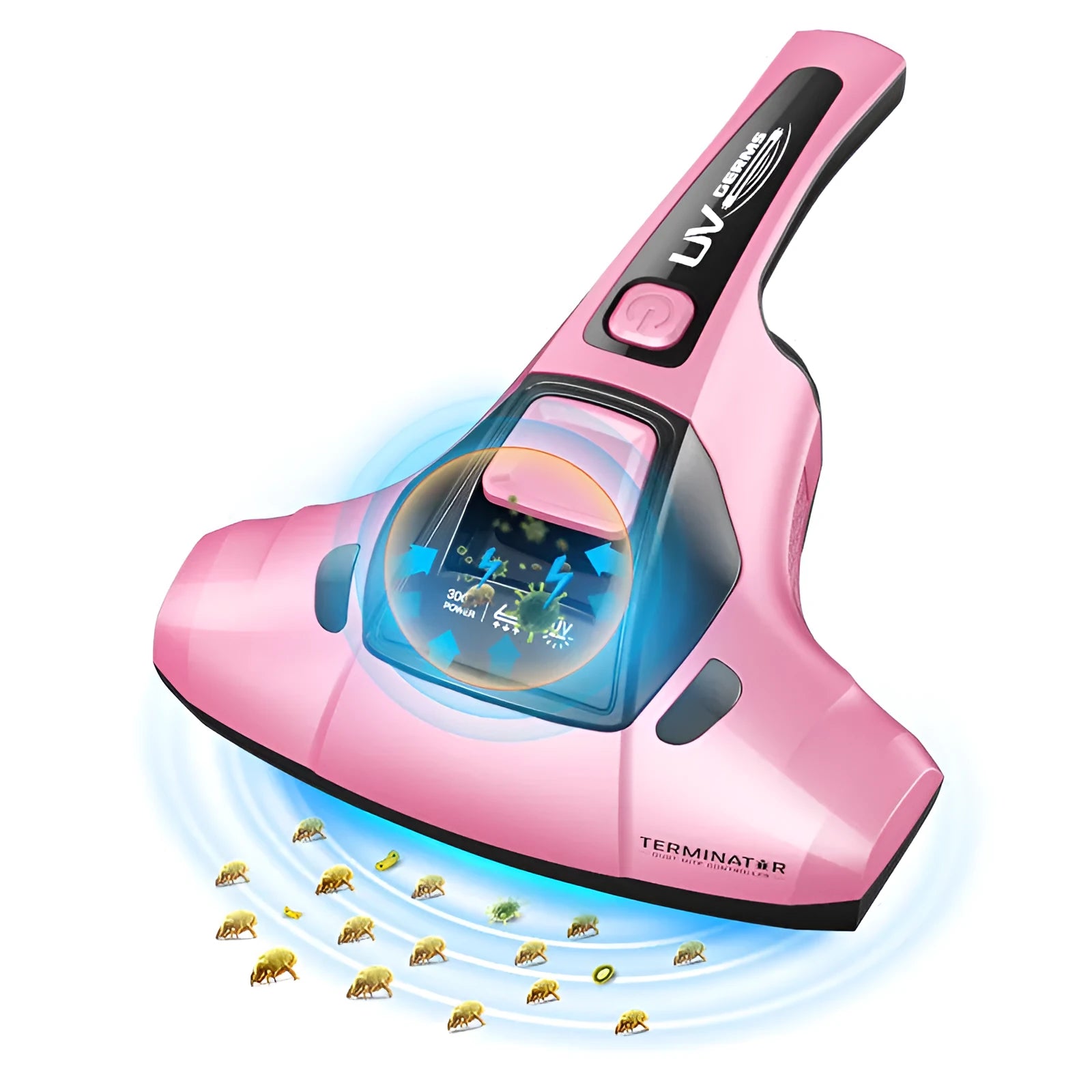 Pink handheld vacuum mite cleaner with UV-C light on cleaning head.