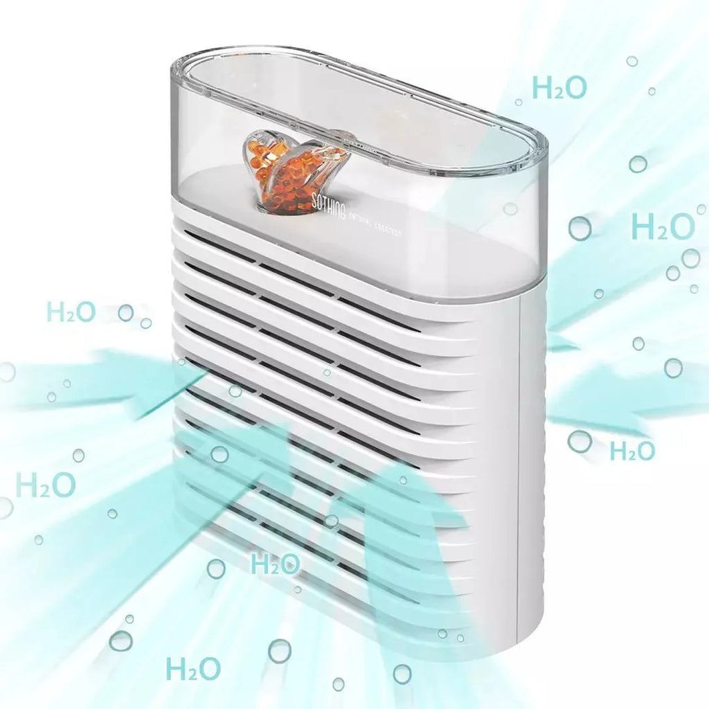White reusable electric cabinet dehumidifier box with transparent geometric top showing orange silica gel beads inside.