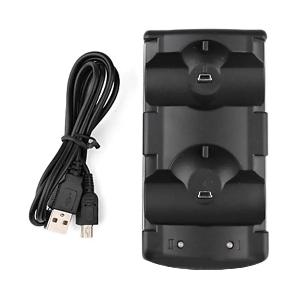 Black PS3 dual charging dock holding two wireless controllers, with a USB cable.