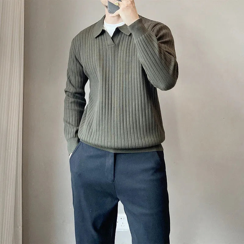 Men's modal rabbit fur knitted pullover sweater in loose fit showing striped lapel detail