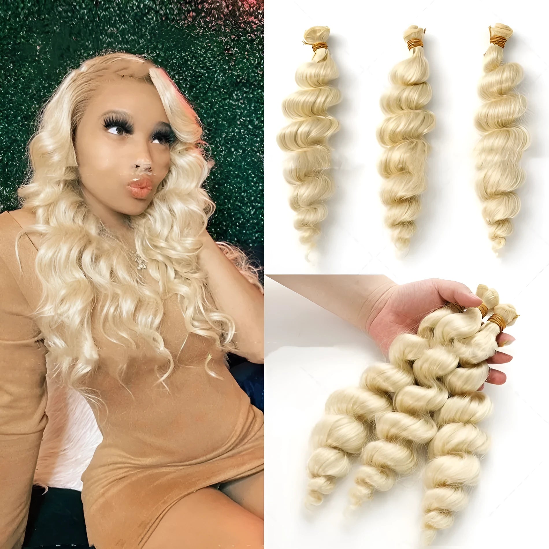 Golden synthetic hair weft wig for women shown in 18in, 20in, and 22in lengths.