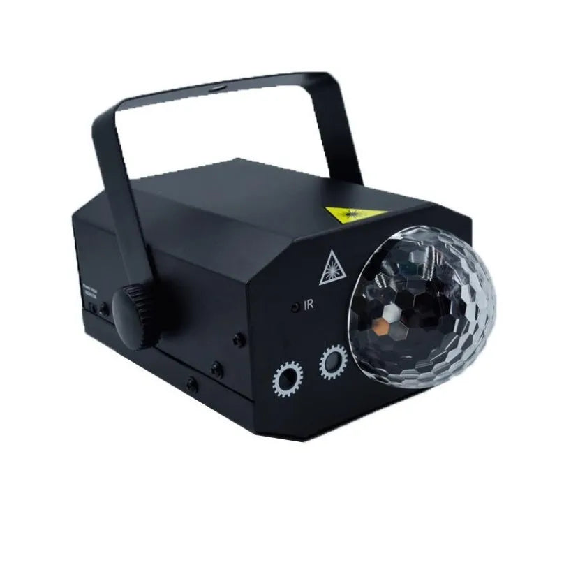 Black and white LED laser magic fan stage light with remote control on a dark background.