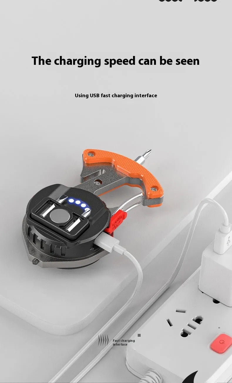 Compact silver and black multifunctional keychain flashlight with keyring, display screen, window breaker, and screwdriver.