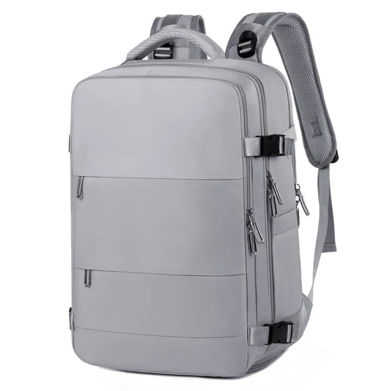 Large purple Oxford cloth travel backpack with multiple compartments and an air pillow belt on the straps.