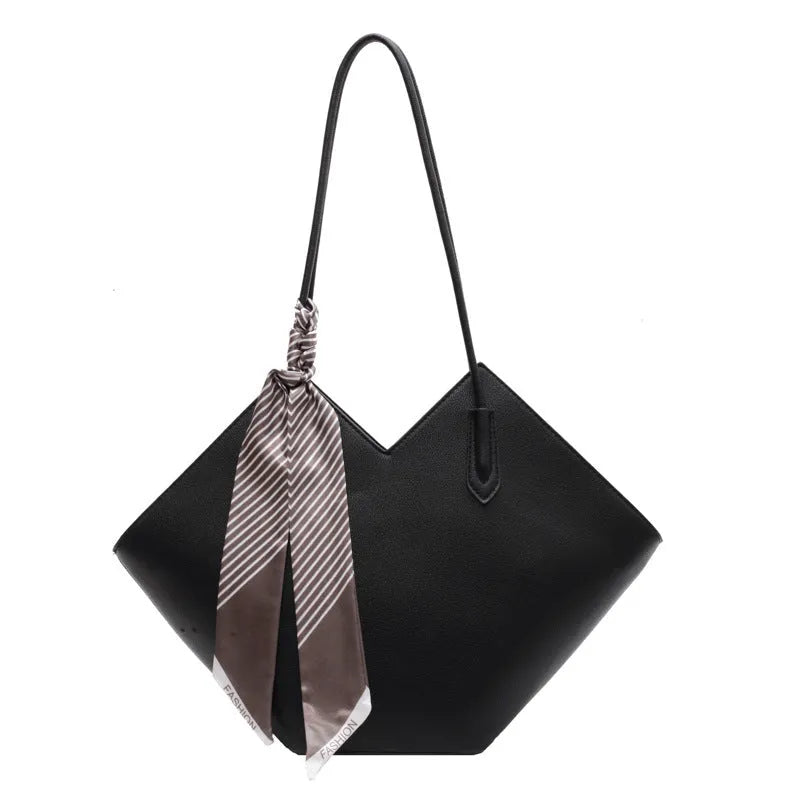 Women's black PU leather shoulder bag with 43cm width and sandwich pocket exterior design
