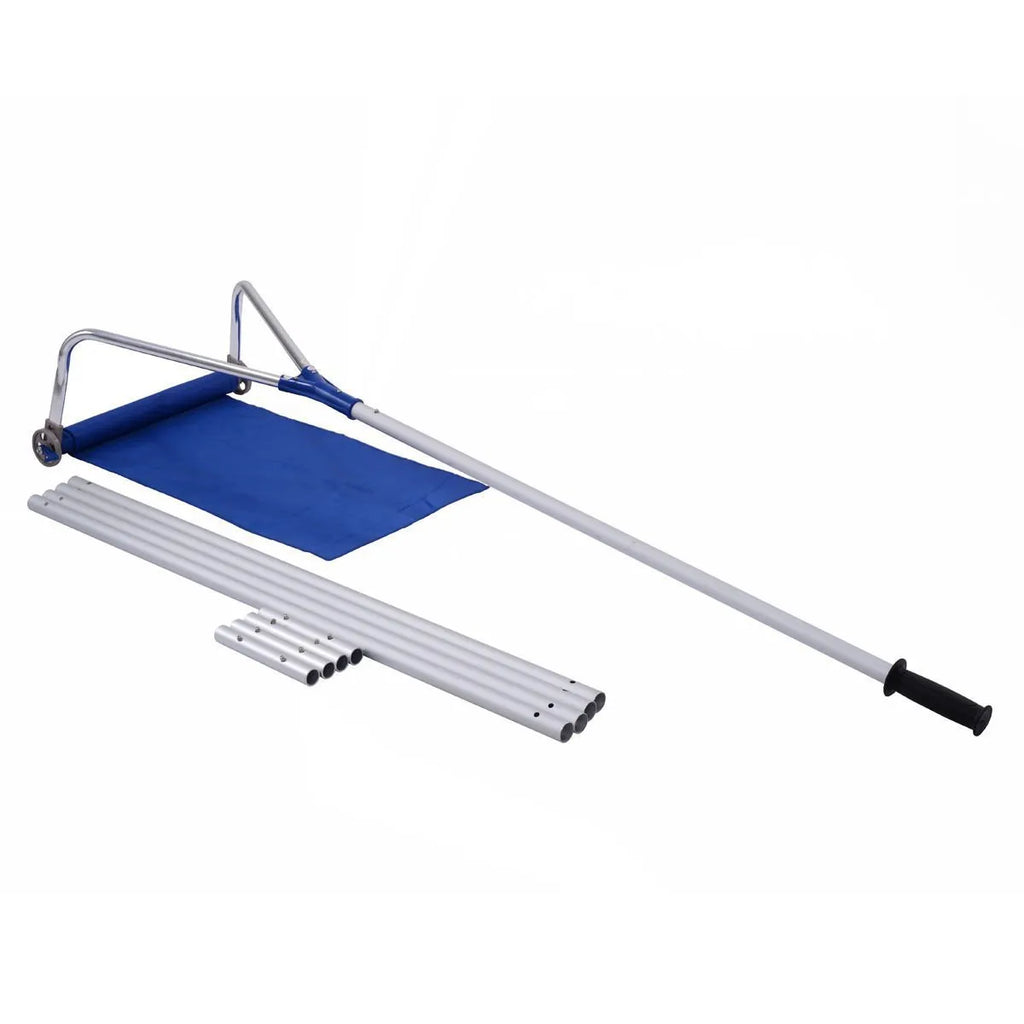 Blue roof snow removal rake with retractable aluminum pole and Oxford cloth on a snow-covered roof