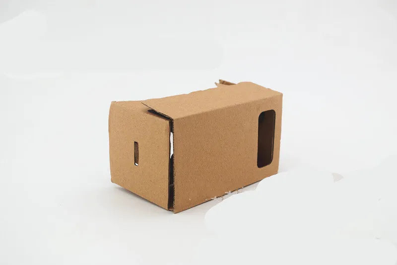 Pink and white flat-pack VR cardboard glasses viewer for 6-inch mobile phones.