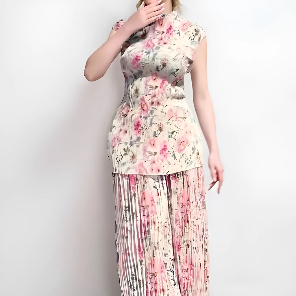Women's long sleeve printed chiffon dress set with high waist and matching top in picture colour