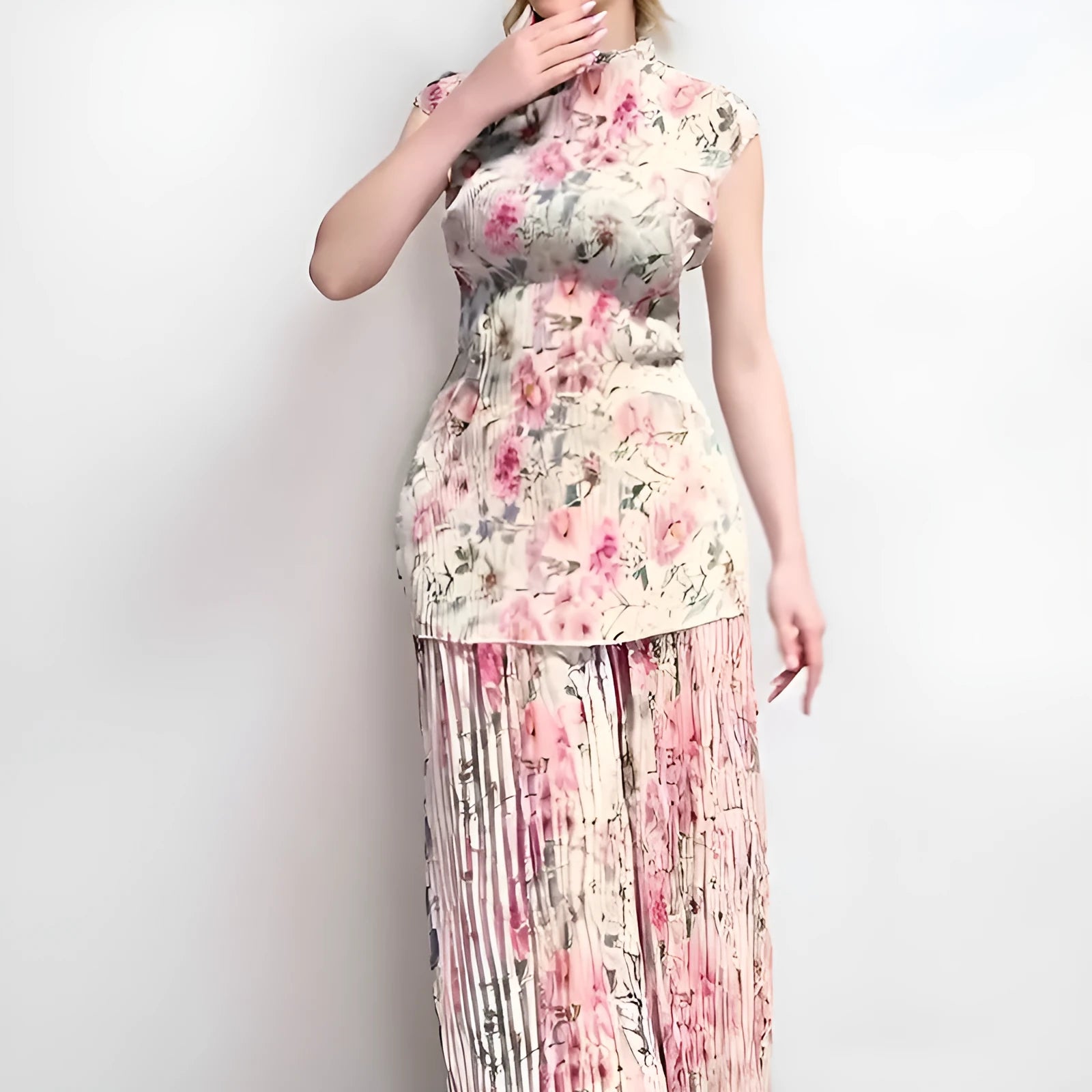 Women's long sleeve printed chiffon dress set with high waist and matching top in picture colour
