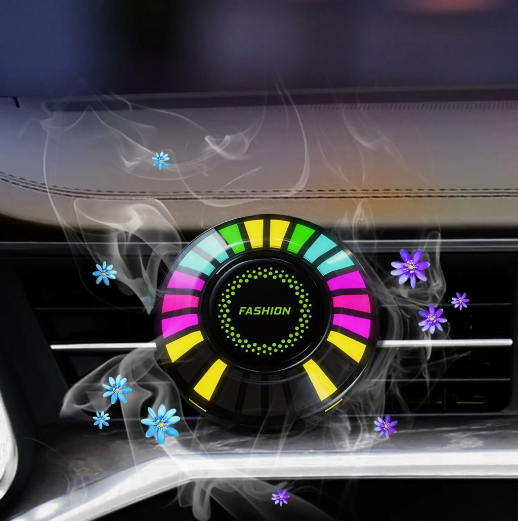 Car air vent mounted RGB rhythm atmosphere light with aromatherapy function in vehicle interior