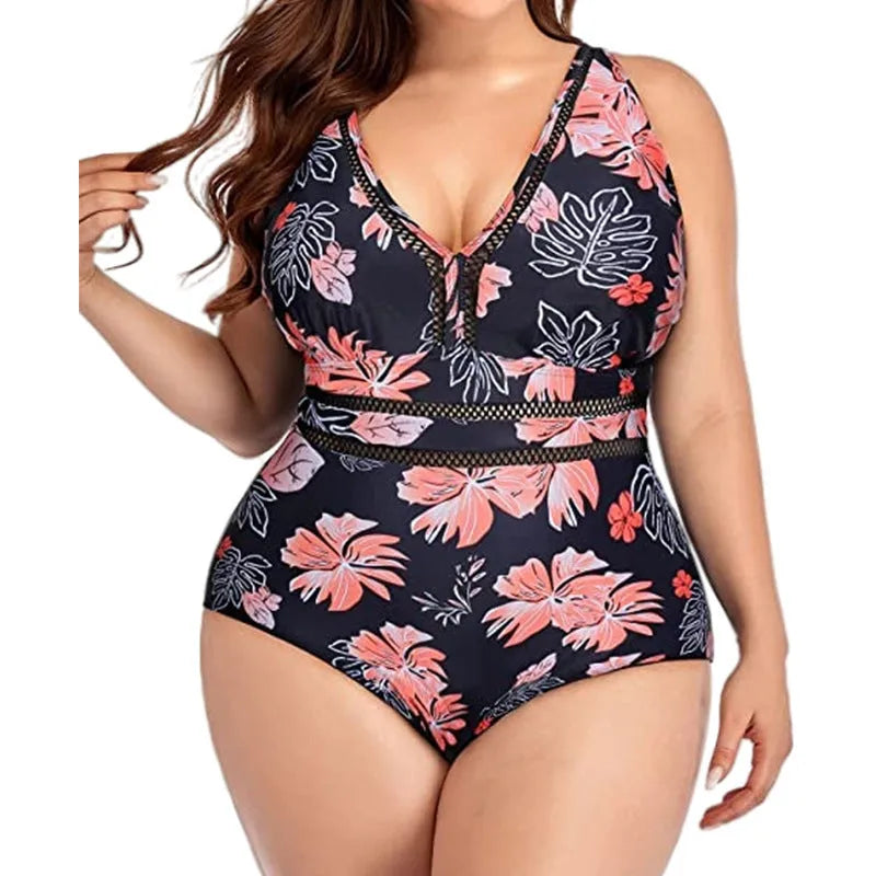 Plus-size black printed bikini swimsuit with mesh stitching on polyester fabric