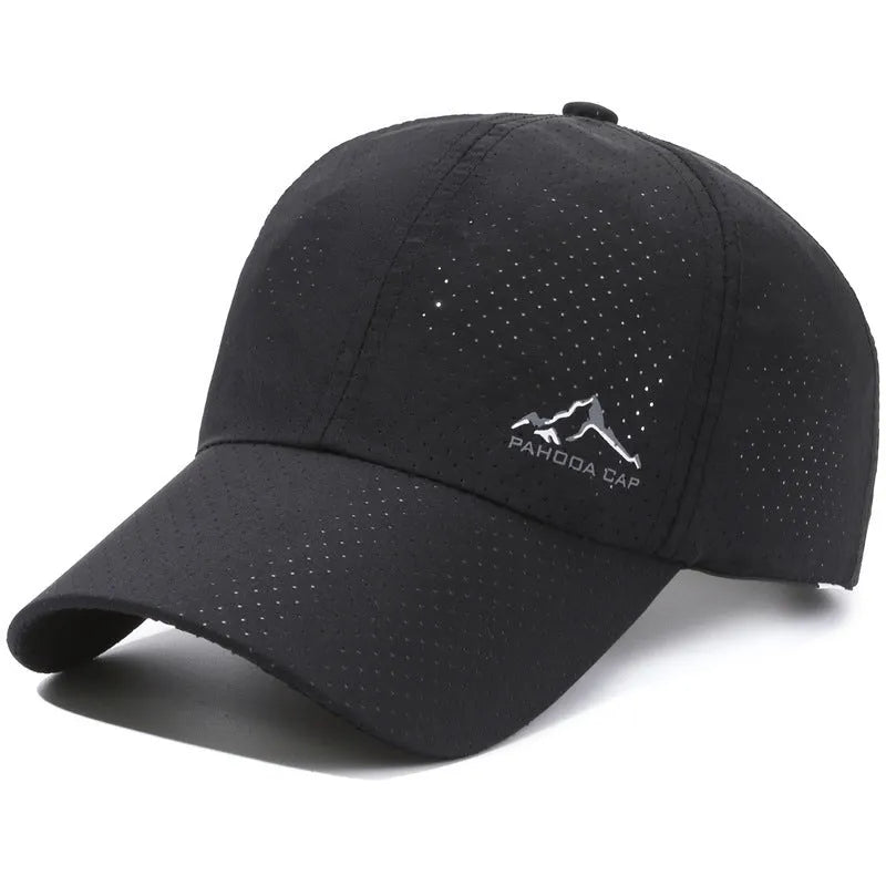 Adjustable baseball cap in polyester fabric on a solid colour background, showing dome crown and strap.