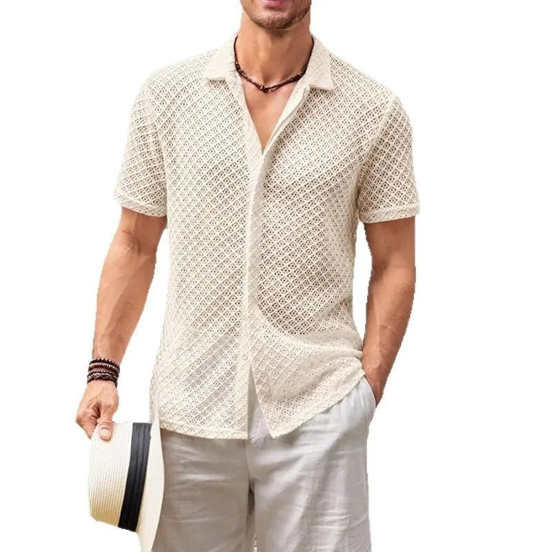 Men's short sleeve lapel cardigan shirt in cotton blend fabric for summer wear