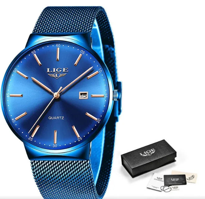 Men's stainless steel watch with a 40mm dial shown in black, blue, and two-tone colour options