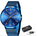 Men's stainless steel watch with a 40mm dial shown in black, blue, and two-tone colour options