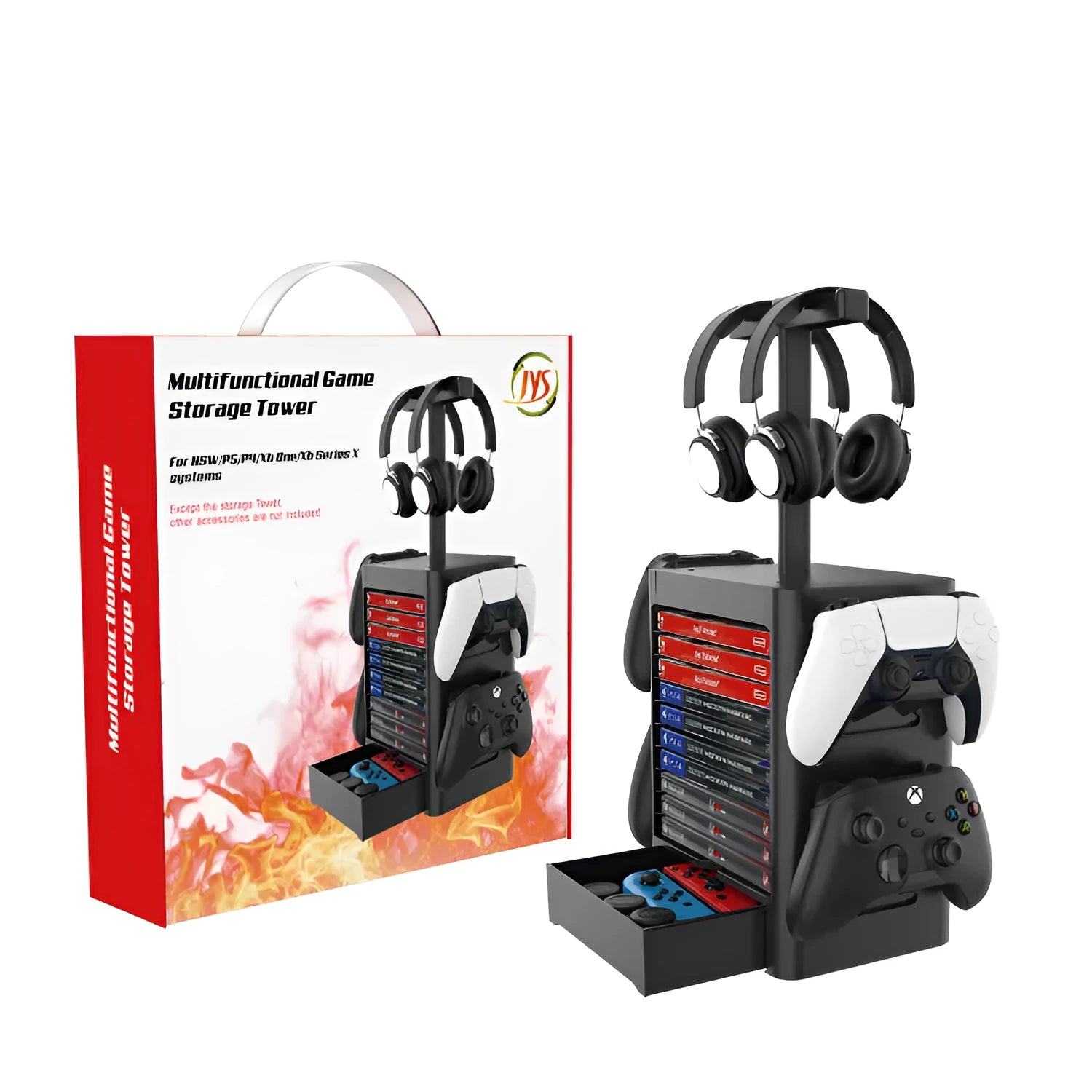 Black gaming organiser rack holding headphones and controllers with drawer for accessories