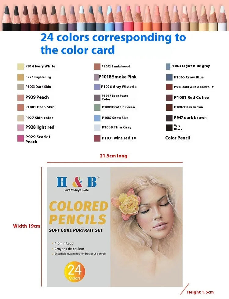 24-colour oil-based skin tone pencils for portrait art in metal tin round brush pot case
