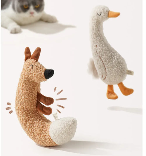 Cartoon fox and duckling dog chew toys in teddy velvet with crinkle sound elements