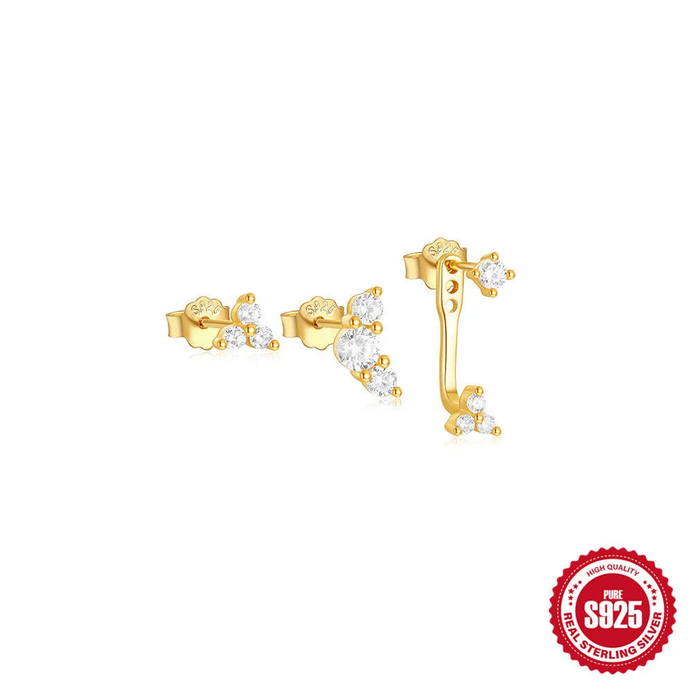 Set of three S925 sterling silver geometric zircon tassel earrings in a gold colour.