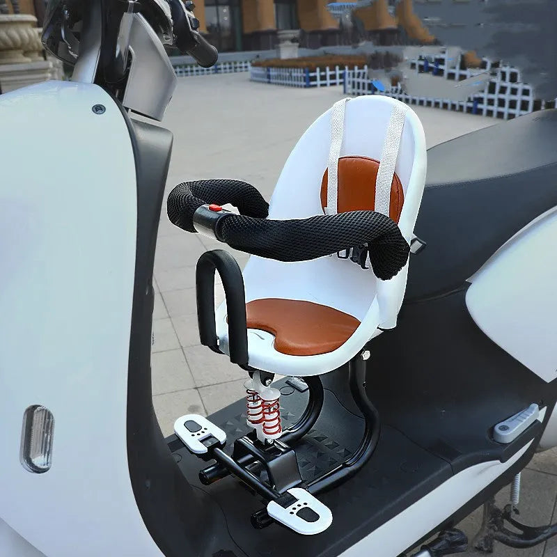 Front-mounted child safety seat for a battery scooter in black, red, or white.