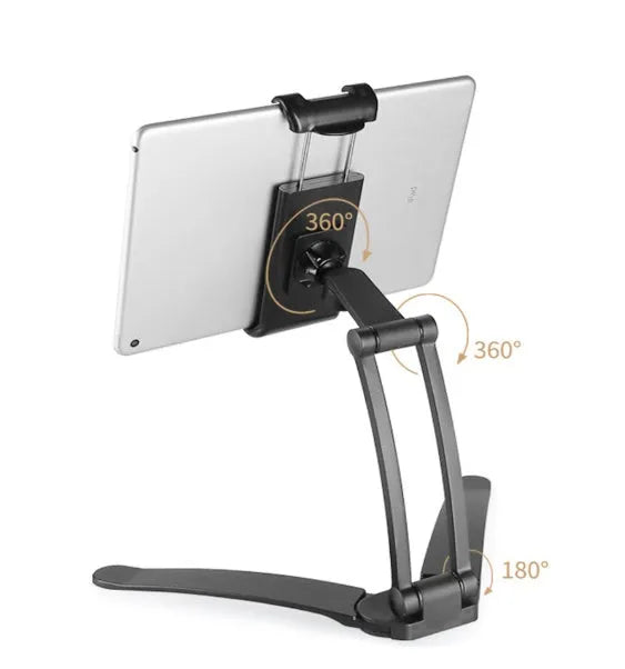 Silver aluminium alloy desktop tablet stand holding a tablet at an adjustable angle with a white mounting base.