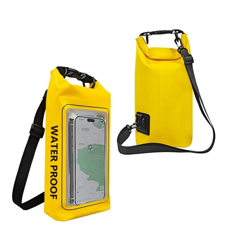 Army Green PVC waterproof crossbody bag with strap, shown in 2L and 5L sizes for swimming and beach use.