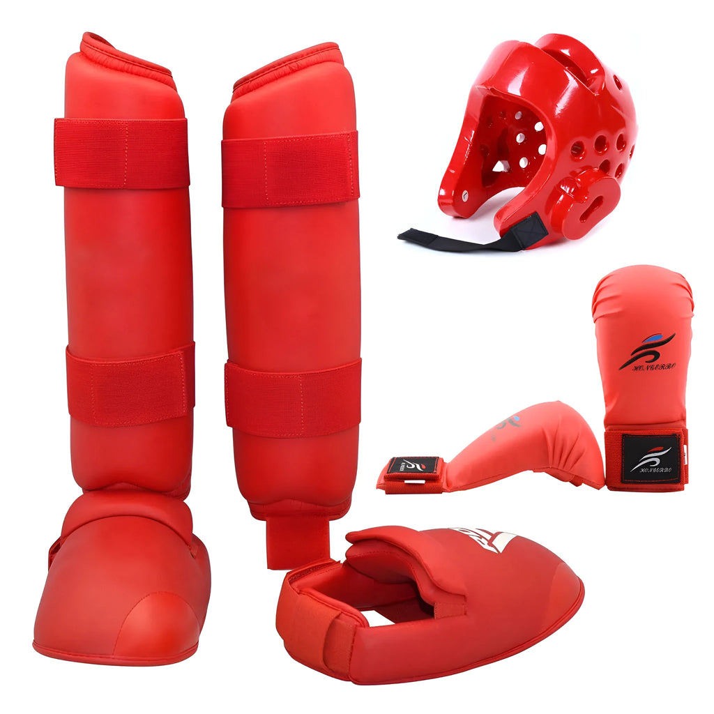 Red martial arts protective gear set showing leg guard, helmet, and boxing gloves for karate taekwondo training
