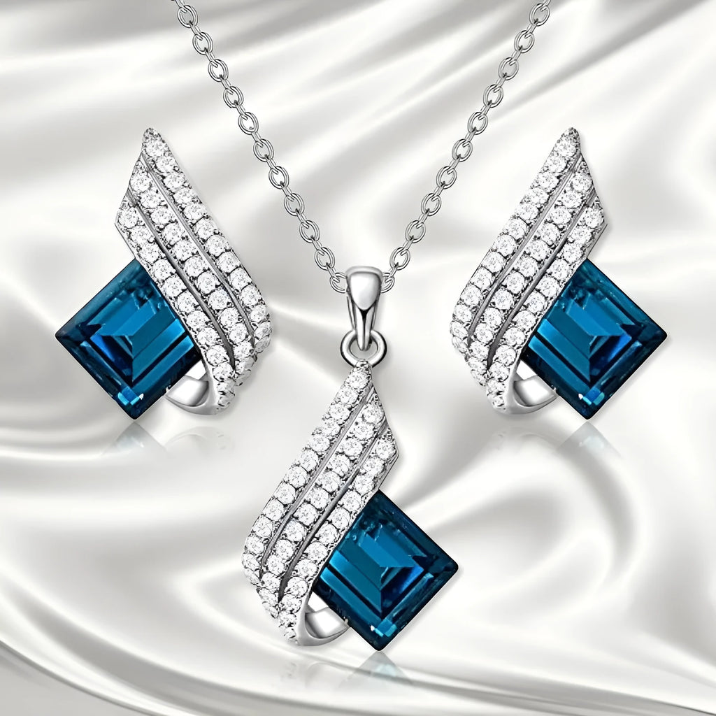 Women's necklace and earring set with glass pendant on cross chain, electroplated finish