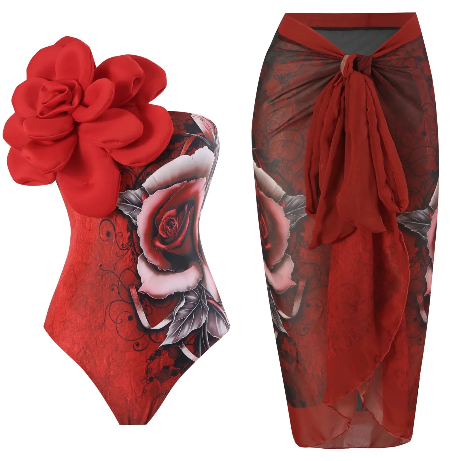 Women's one-piece swimsuit with matching printed gauze skirt set for swimming holidays