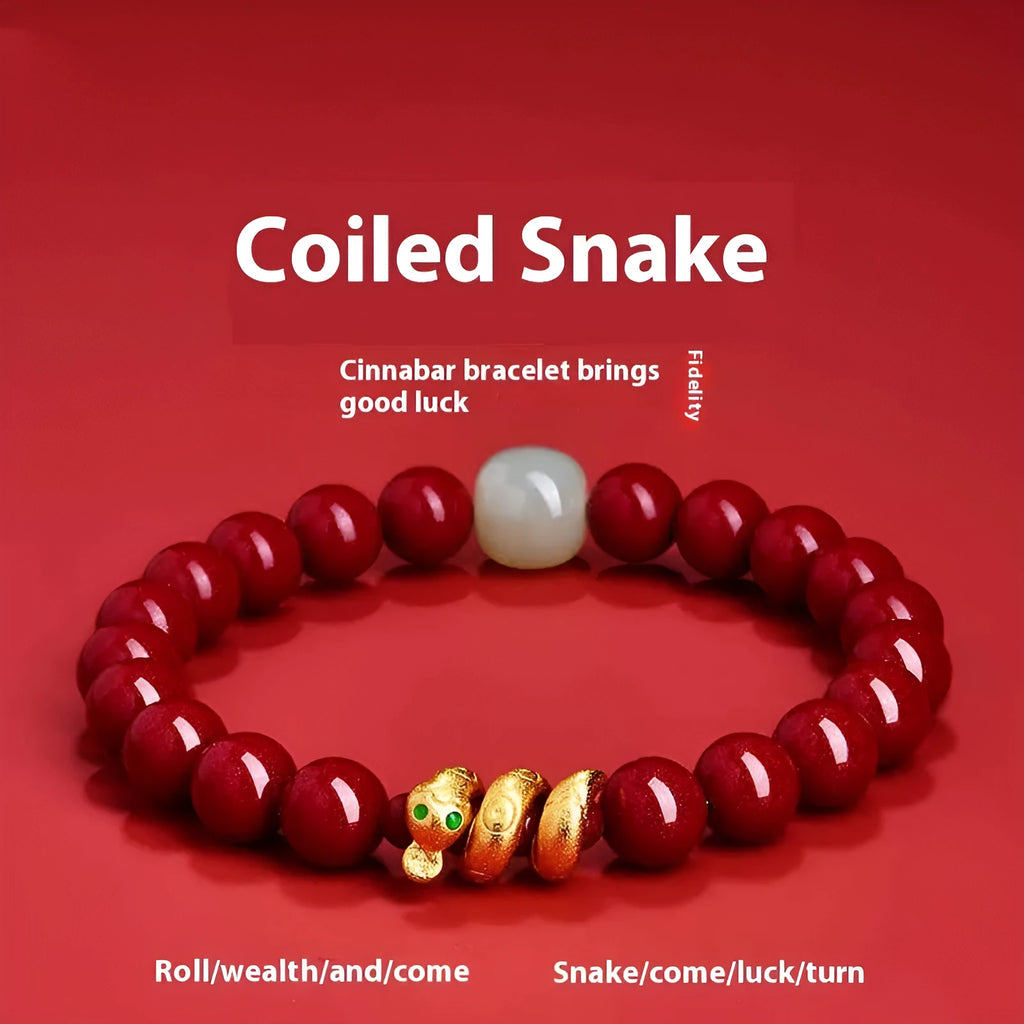 Handmade cinnabar snake zodiac bracelet with Chinese style beads in 6mm or 8mm sizes