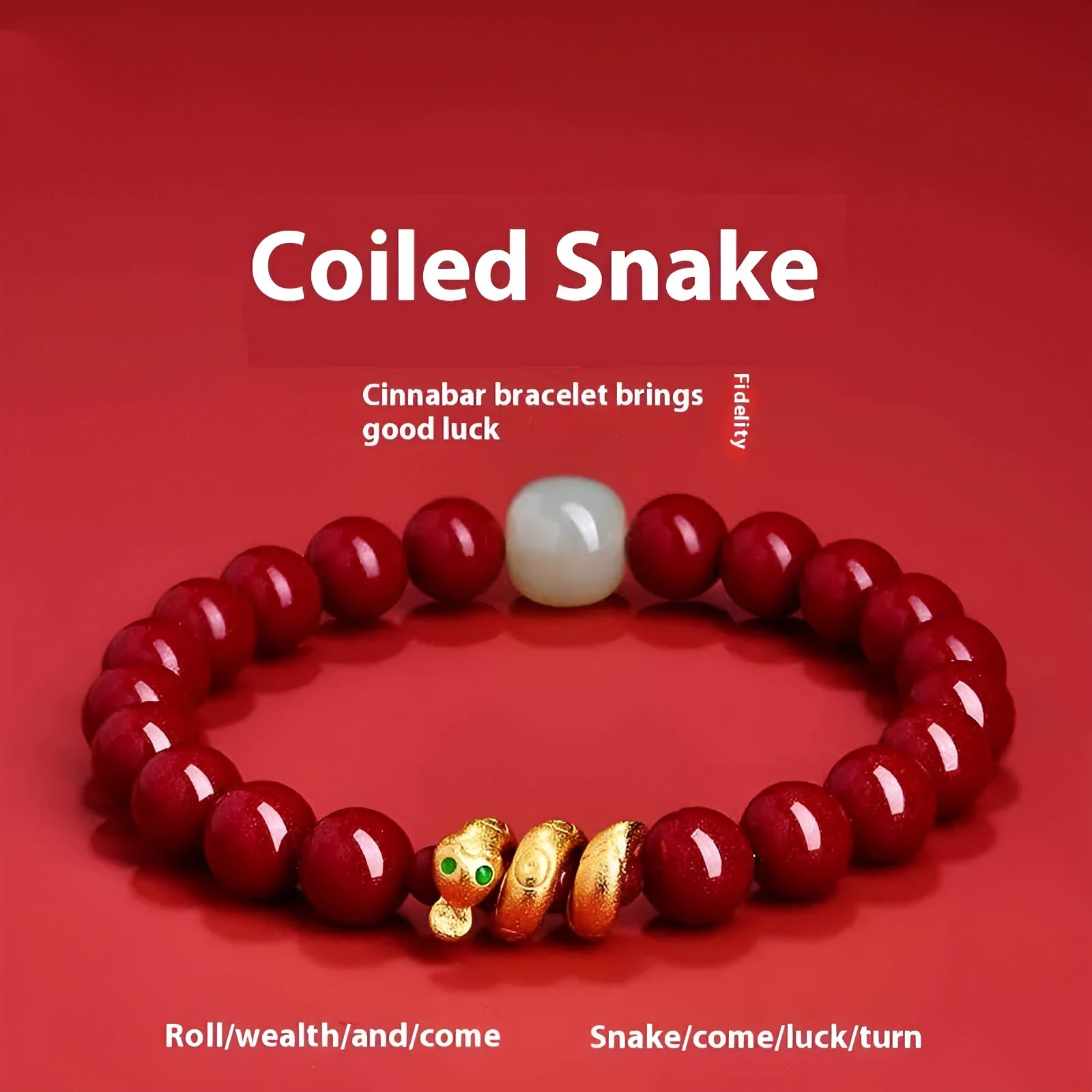 Handmade cinnabar snake zodiac bracelet with Chinese style beads in 6mm or 8mm sizes