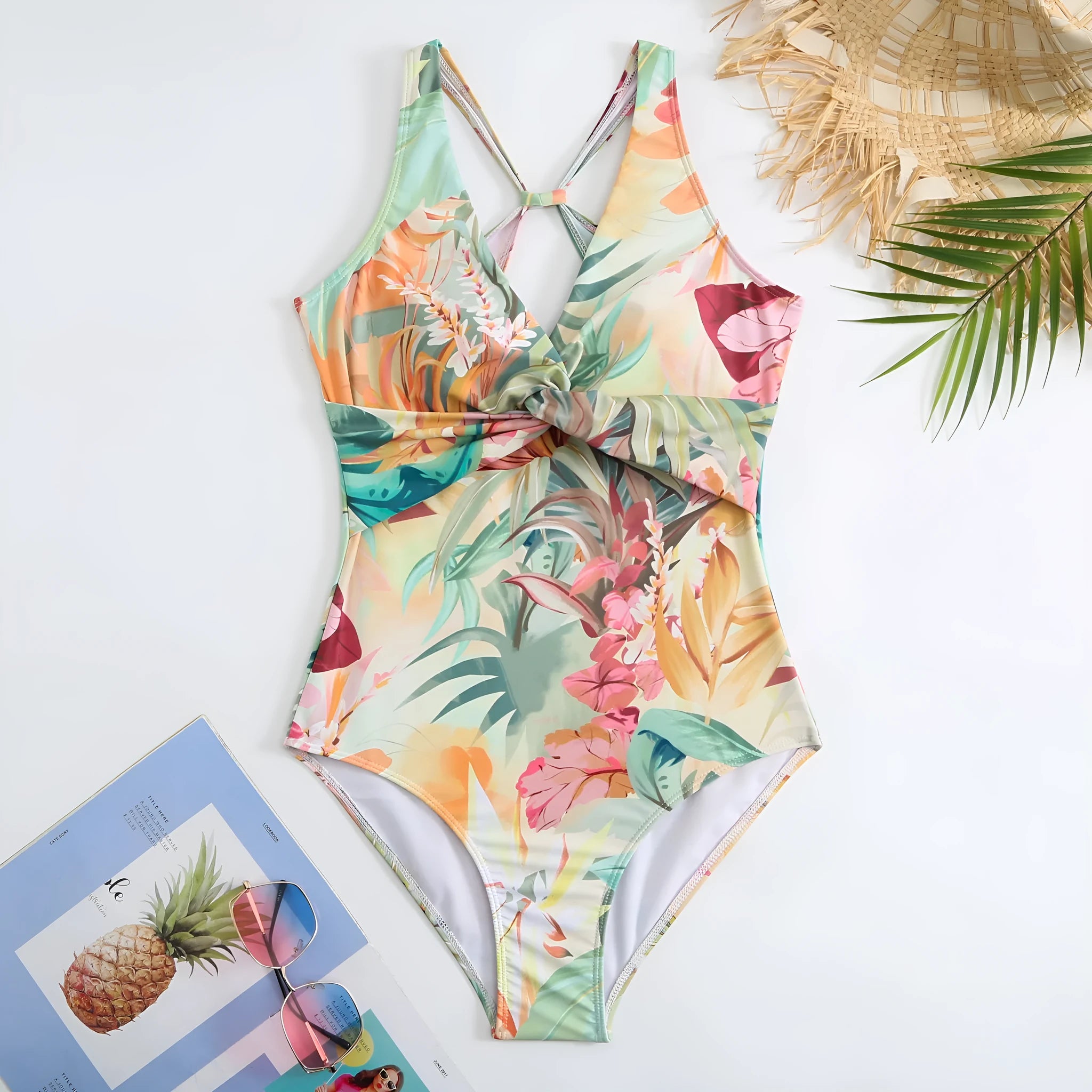 Yellow floral vintage print conservative one-piece swimsuit with short sleeves on a mannequin