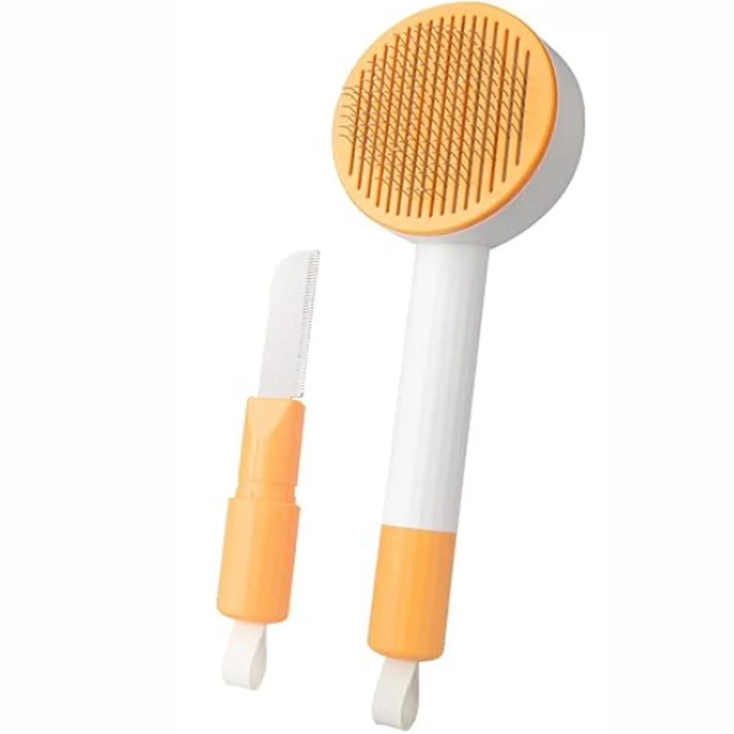 Green and yellow 2-in-1 pet grooming brush with curved teeth for long haired cats and shedding pets