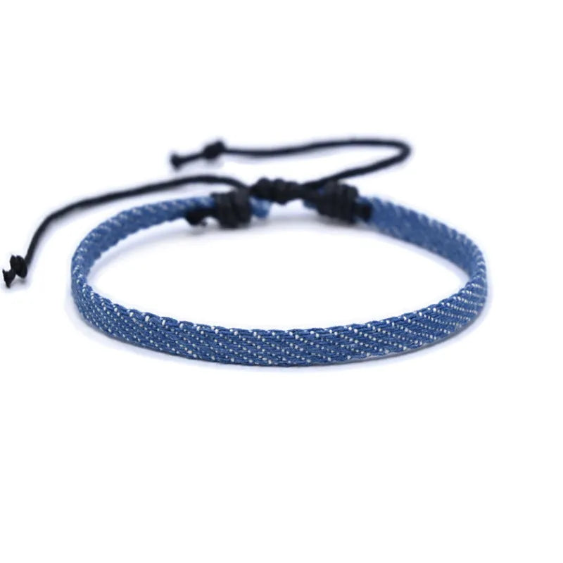 National style denim fabric bracelet carrying strap with mixed material construction for unisex travel and memorial use