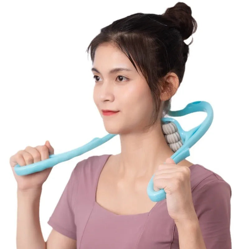 Blue handheld six-wheel massager for neck, shoulders and back muscle tension relief