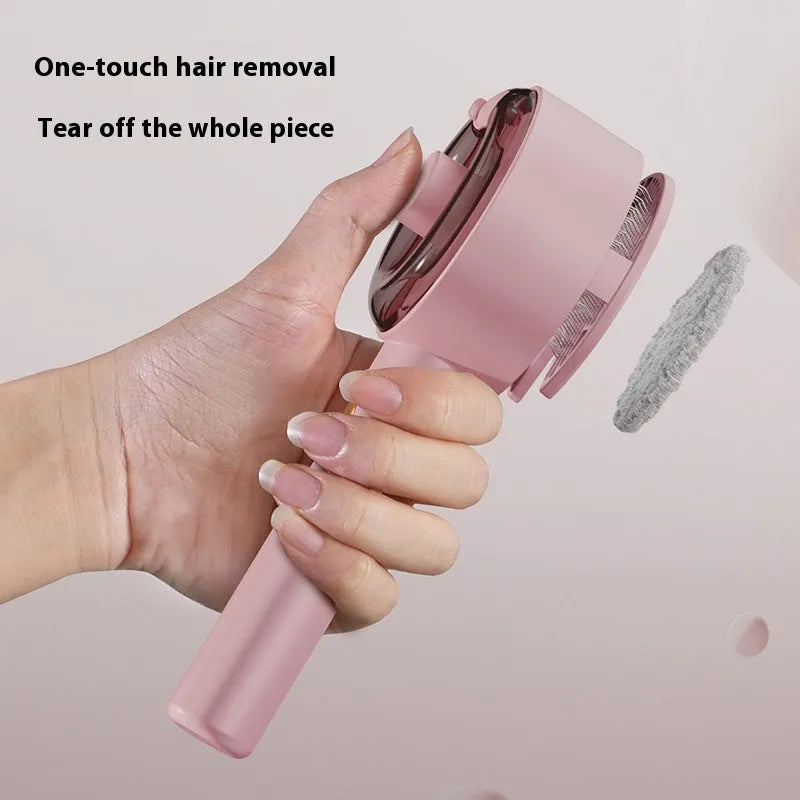 Ceramic white pet grooming brush with UVC blue light, mist spray nozzle, and fine needles for removing dog and cat hair.
