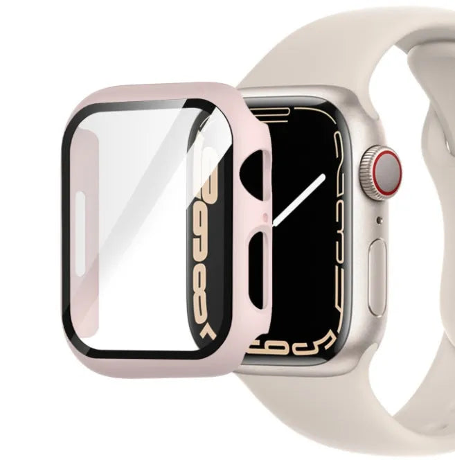 PC tempered film replacement case for Apple Watch in various colours and sizes on display.