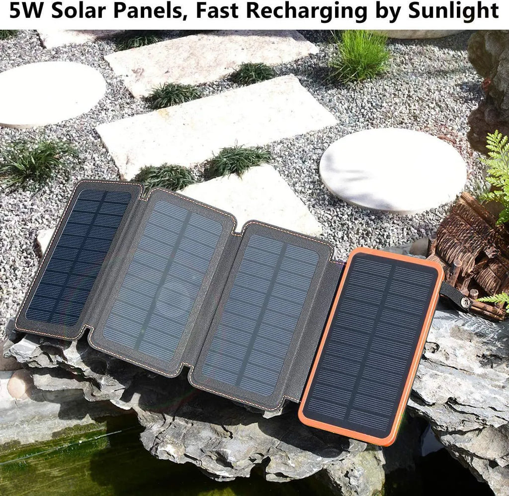Rainproof solar power bank with monocrystalline panel and LED light in black colour
