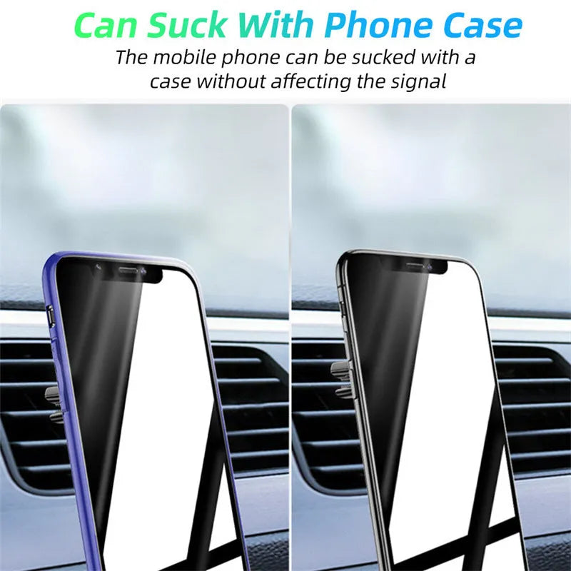 Magnetic car air vent phone holder with adjustable paddle in black colour showing smartphone attached