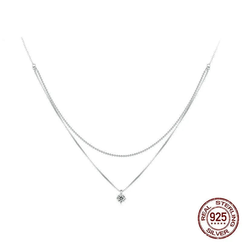 S925 sterling silver double-layer necklace with pearl chain in silver tone