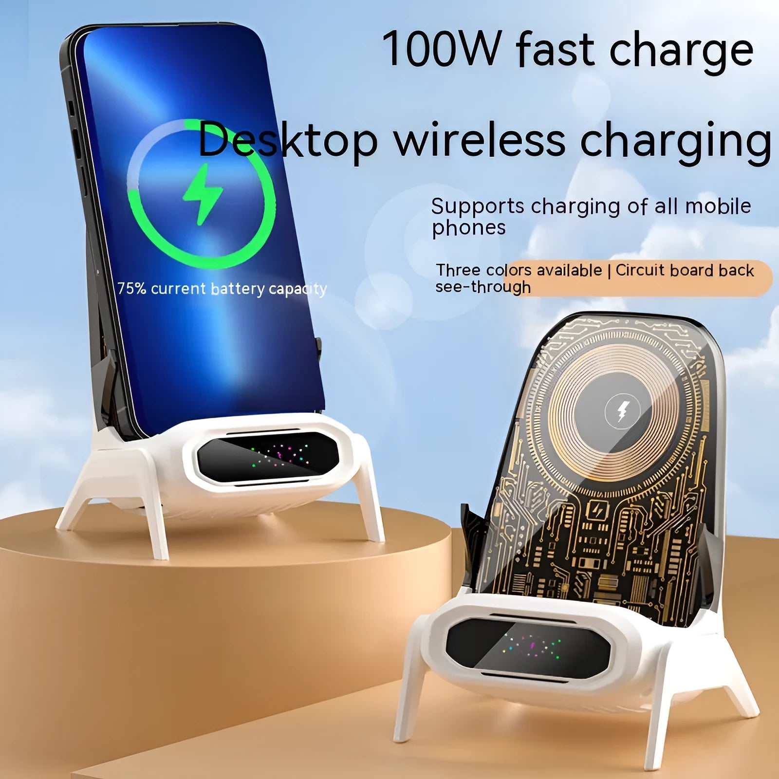 Transparent small chair wireless charger phone stand showing white, blue, and pink colour options