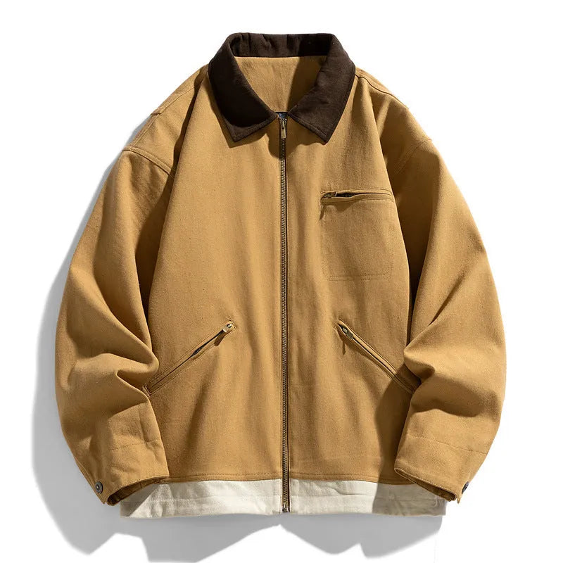 Men's Korean style workwear jacket with contrast lapels in loose fit autumn design
