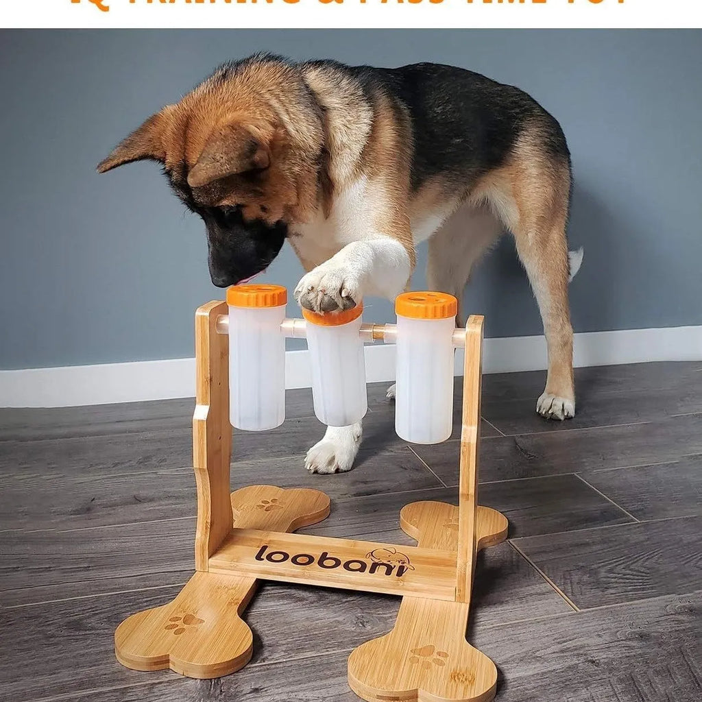Wooden dog puzzle toy snack dispenser feeder with treat compartments measuring 31x30x20cm