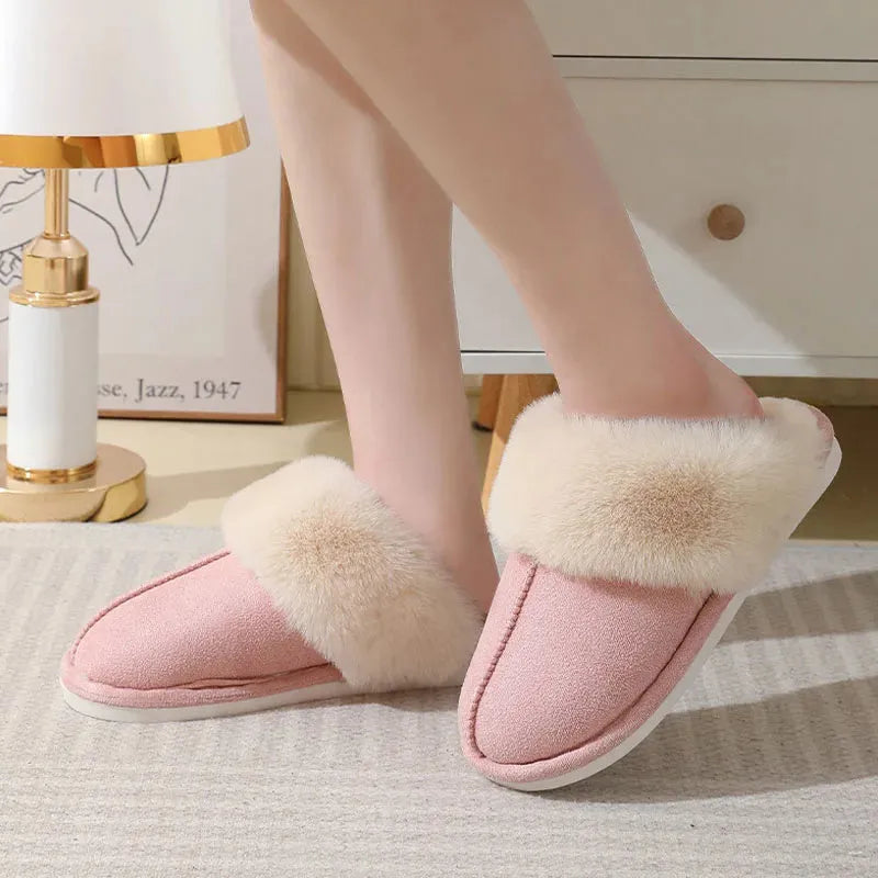 Women's plush indoor slippers with round toe, flat heel, and PVC sole in multiple colour options