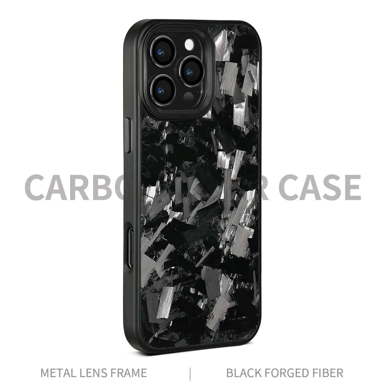 Black carbon fibre magnetic protective phone case with metal forged pattern frame for iPhone 17 series.