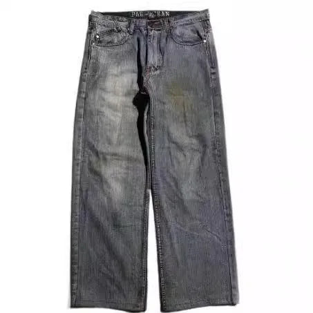 Men's grey wide-leg jeans with retro washed look and straight-leg design
